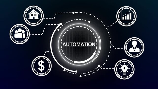 Dynamic digital automation concept featuring futuristic hud interface with connected business financial growth charts, and corporate network nodes for modern technology, artificial intelligence
