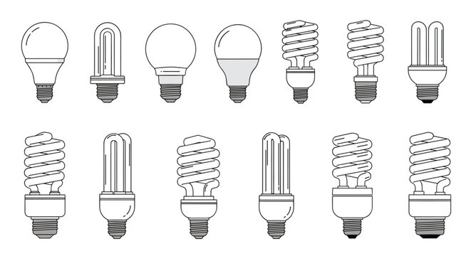 Extensive collection of various modern light bulb types including LED and fluorescent spiral models for energy efficient lighting solutions.