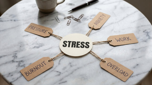 Abstract mental health mind map layout featuring central stress label connected to wooden tags indicating causes like anxiety work overload pressure and career burnout effect.