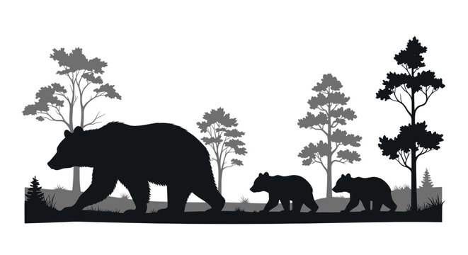 Silhouette of a bear family walking.
