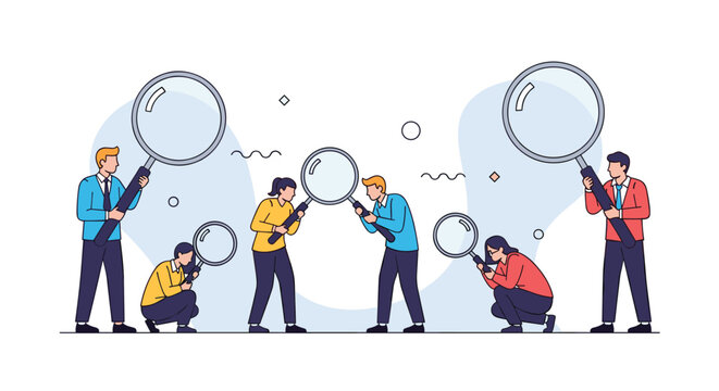 Group of investigators and researchers looking through large magnifying glasses to find clues and analyze small details.