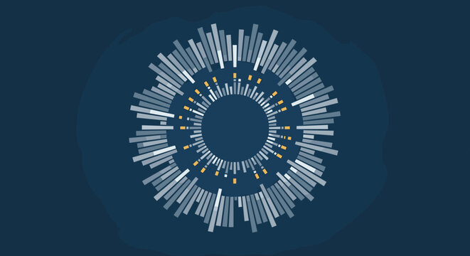 Complex circular bar chart or radial data visualization for business analytics and information display on dark blue background.