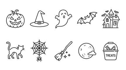 Fototapeta premium A collection of simple line art icons representing Halloween symbols and elements.