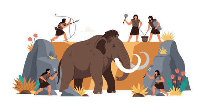 Dramatic scene of prehistoric cavemen hunting a giant woolly mammoth with spears and arrows in a rugged mountain environment.