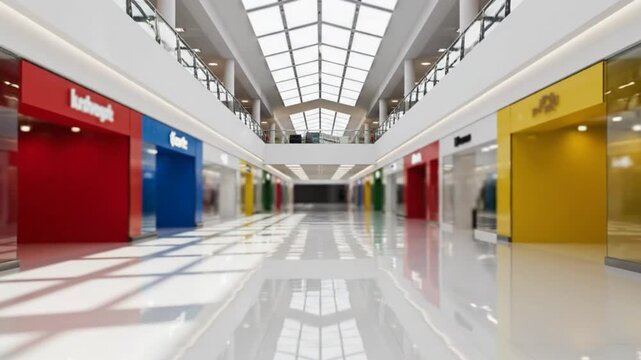 Bright modern shopping mall interior with colorful storefronts and glass skylight showcasing consumerism