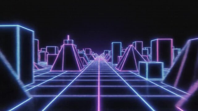 Futuristic neon city landscape with grid lines and retro synthwave aesthetic in a digital environment
