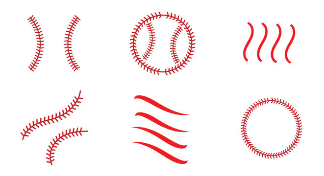 Collection of red baseball stitch patterns and curved lines representing sports and motion.