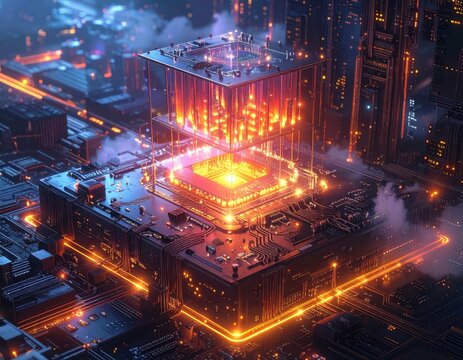 Futuristic Digital City with Central Processing Unit and Data Pathways