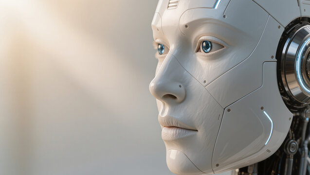 Authentic close up portrait of white humanoid AI robot face in warm soft sunlight, artificial intelligence and futuristic technology concept, editorial technology photography with copy space