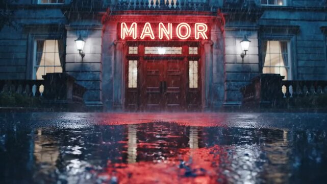 Red neon Manor sign on building facade during heavy night rain with reflections.