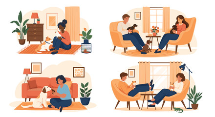 Obraz na płótnie Canvas Diverse people enjoying their leisure time with beloved pets like dogs and cats in various cozy home living room settings and scenes.