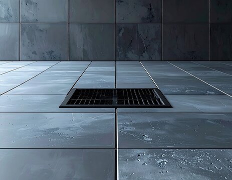Minimalist tile floor and wall with a drain