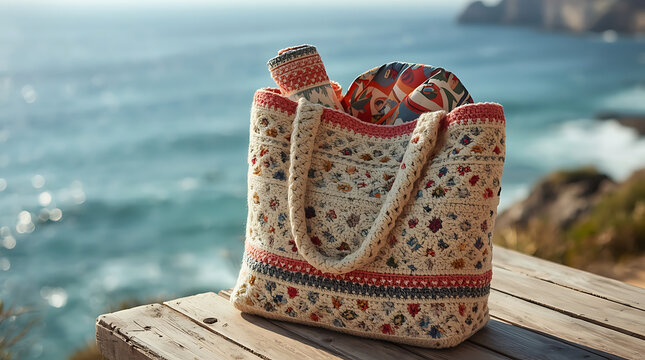 Aesthetic Woven Beach Bag on Wooden Pier by the Sea