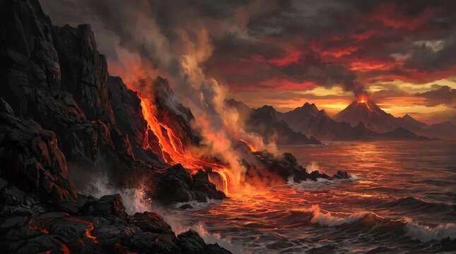 Volcanic Eruption into the Sea at Sunset &ndash; Fiery Landscape