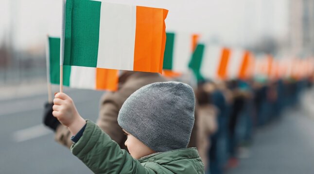 Child boy holding an irish flag during a winter parade celebration as a happy kid
