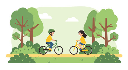Naklejka premium Happy boy and girl riding their bicycles towards each other on a path through a lush green park with many trees and bushes.