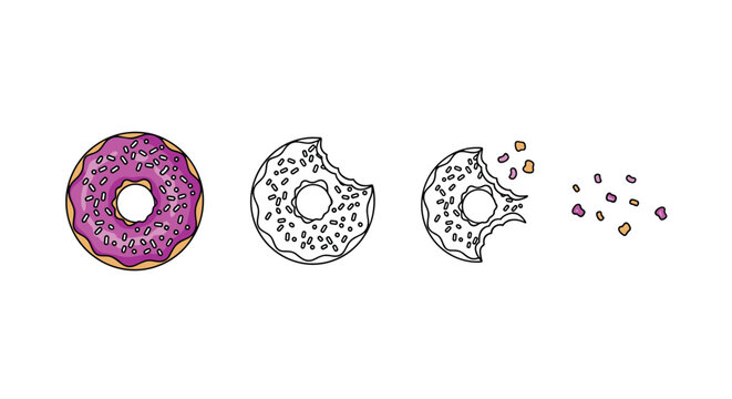 Sequence of illustrations showing a purple frosted donut with sprinkles being eaten until only a few crumbs are left on the surface.