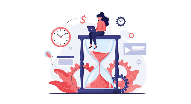 Woman working on her laptop while sitting on top of a large hourglass surrounded by clocks and gears symbolizing time management.