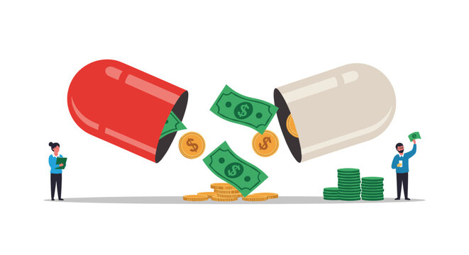 Large red and white medical capsule split open with dollar bills and coins falling out as people collect the money near green stacks.