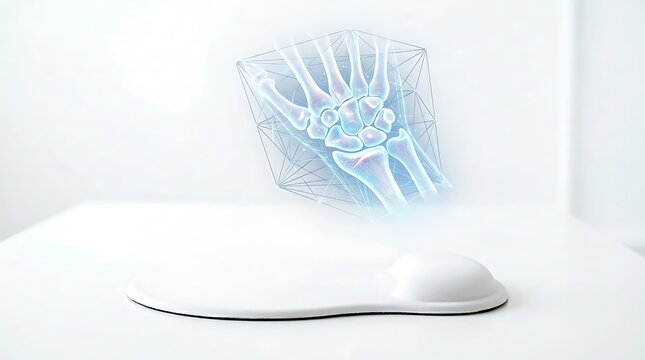 Clean workspace presentation of futuristic orthopedic keyboard wrist rest prototype showcasing glowing blue and white digital bone scanning.