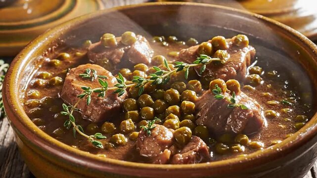 Savory stew of meat and peas served in rustic ceramic bowl with fresh thyme for a delicious meal