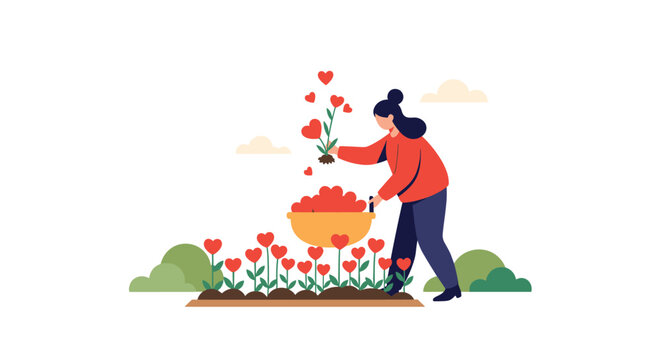 Female gardener planting red heart-shaped flowers in a long garden bed with a yellow wheelbarrow full of more hearts for a romantic theme.
