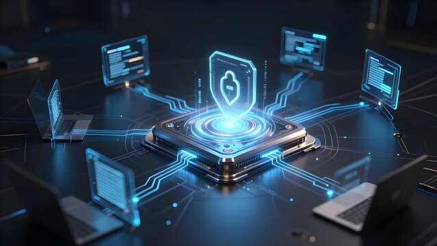 Futuristic internet security architecture featuring encryption technology and digital defense