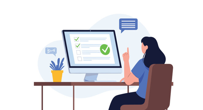 Woman sitting at a desk working on a computer screen displaying a completed checklist with a large green checkmark.