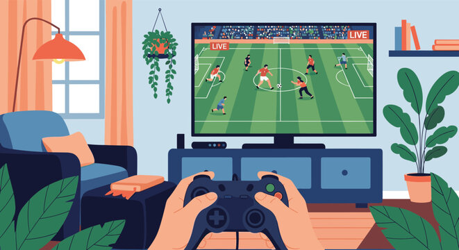 First-person view of a person holding a game controller while playing a soccer match on a television in a cozy living room.