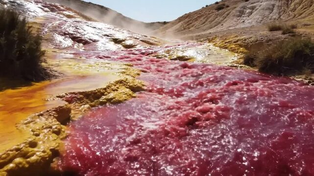 Scenic aerial view of a vibrant red river flowing through a colorful, arid landscape on a sunny day