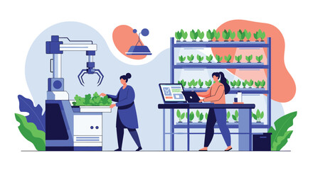 Fototapeta premium Advanced indoor vertical farm showing workers monitoring plants and a robotic arm handling greens in a high-tech facility.