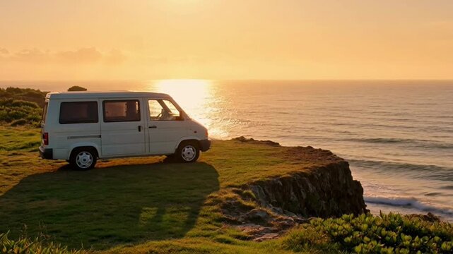 White van parked on cliffside overlooking ocean at sunset.