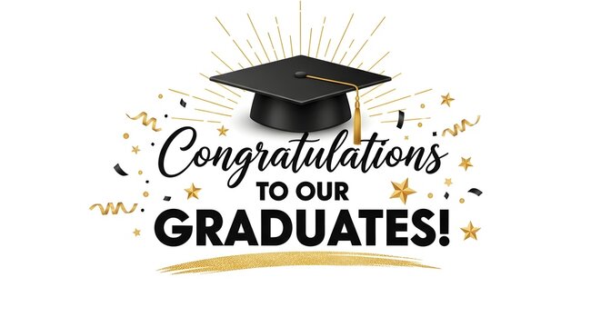 Congratulations to our graduates banner with a black graduation cap and gold stars isolated on white background