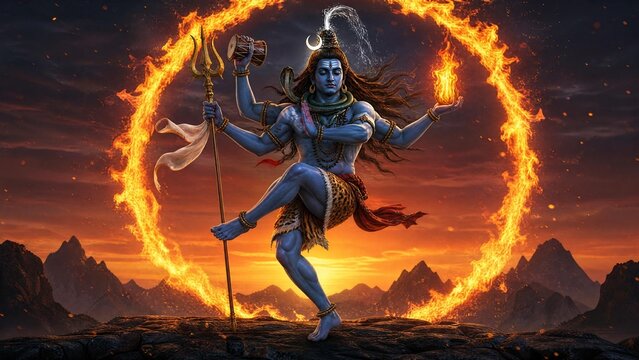 Lord Shiva Nataraja Performing Cosmic Tandava Dance in Ring of Fire