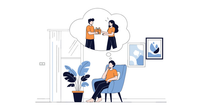 Man sitting comfortably in a blue armchair at home thinking about giving a wrapped gift to his partner in a thought bubble.