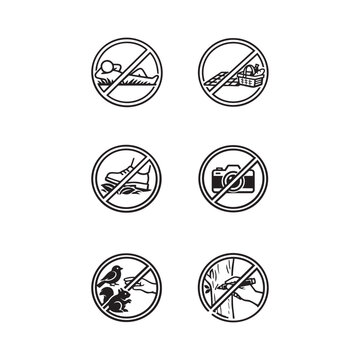 Collection of six prohibition icons including no sleeping on grass, no shoes, no photography, no feeding birds, and no loud noise. Ideal for park, garden, and public signage use.