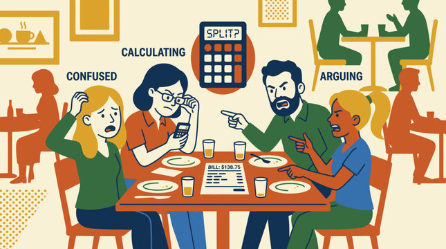 Illustration of friends at a restaurant arguing and confused while trying to split a dinner bill using a calculator.