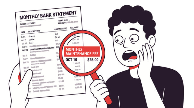 Shocked Man Reviewing Monthly Bank Statement Finding Hidden Monthly Maintenance Fee Charges Illustration