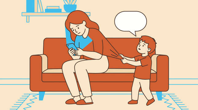 Mother distracted by smartphone while child seeks attention phubbing and digital distraction parenting concept illustration