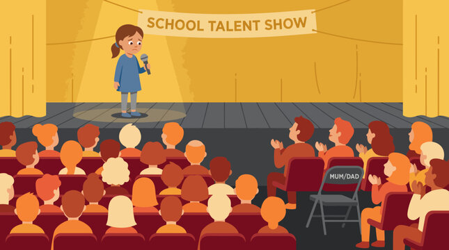Sad Young Girl on Stage at School Talent Show Looking at Empty Parent Chair Vector Illustration