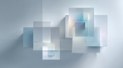 Fototapeta premium Abstract modern background with translucent overlapping glass squares and glowing light effects in light blue and white tones.