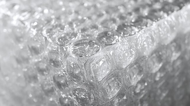 Close-up Macro Shot of Clear Bubble Wrap Texture, Protective Packaging Material