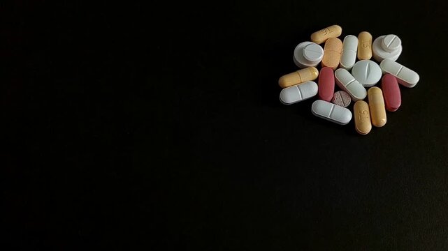 Assorted pills, tablets, capsules isolated on black background with copy space for drugs, medications, prescription medicines, medical treatments, vitamins, pharmaceuticals, and healthcare concepts.