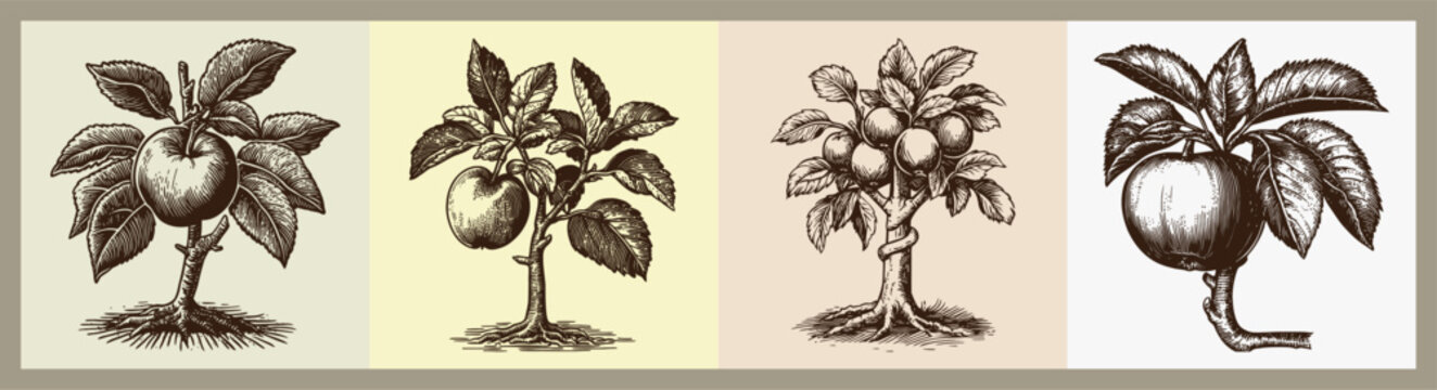 Vintage Botanical Illustration Set of Apple Tree with Fruit and Leaves