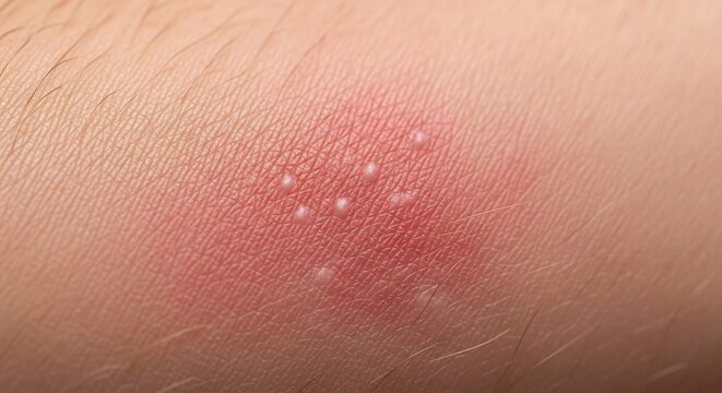 Skin rash with small white pustules and redness.