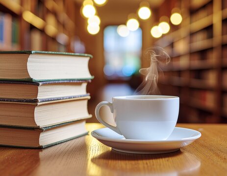 図書館風カフェで積み重なった本と湯気立つコーヒーカップ