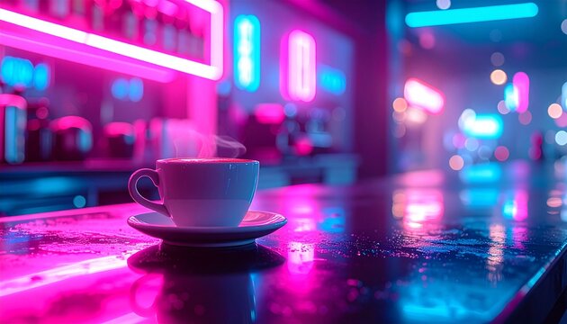 ピンク&ブルーネオンのサイバーパンクカフェにエスプレッソカップ