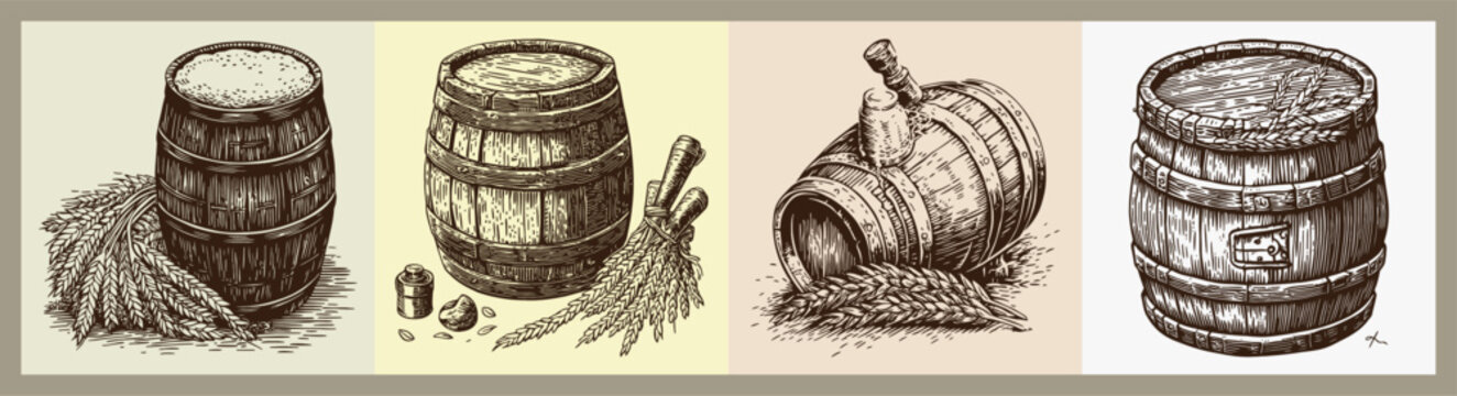 Collection of Traditional Wooden Barrels and Casks with Rustic Appearance
