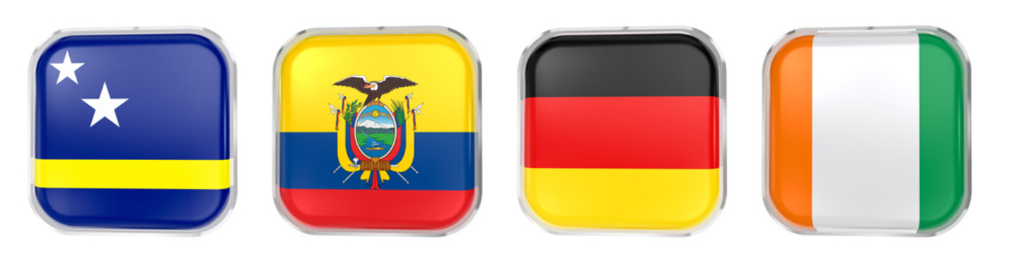 World Cup 2026 GROUP E flags icon, 3D Render of Germany, Cura&ccedil;ao, Ivory Coast and Ecuador, isolated on transparent