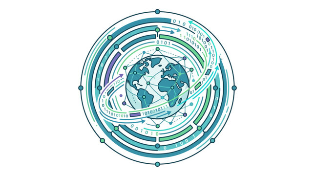 Global Digital Network Connection - Earth Globe with Binary Data Flow